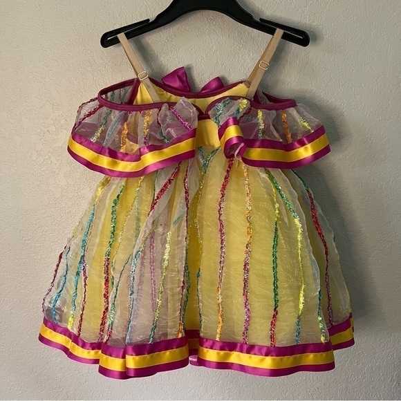 Revolution dance wear yellow & pink outfit costume, MC, 2 hair bows, lace trim. - Picture 12 of 16